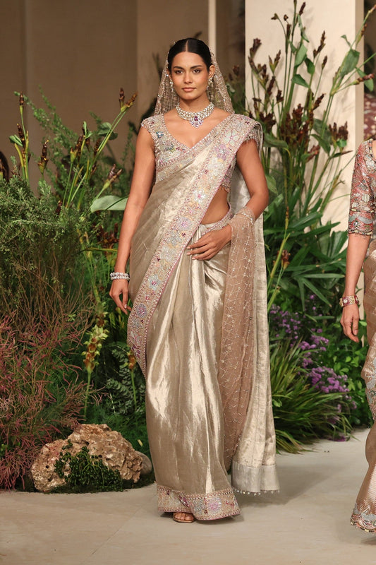 Moondrift - light gold Banarasi tissue brocade saree