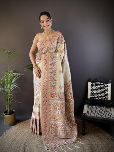 Veglari Women's Kanchipattu Phasmina Silk Hand Work Pure Jari Wewing Original Kanjivaram Jacqurad Rajwadi Print Kalmkari Sarees With Blouses Piecs And Zalar