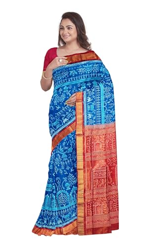 OdiKala Sambalpuri Half Tissue Silk Saree with Blouse Piece, Sky Blue Base, Red Border, Traditional Village Life Design