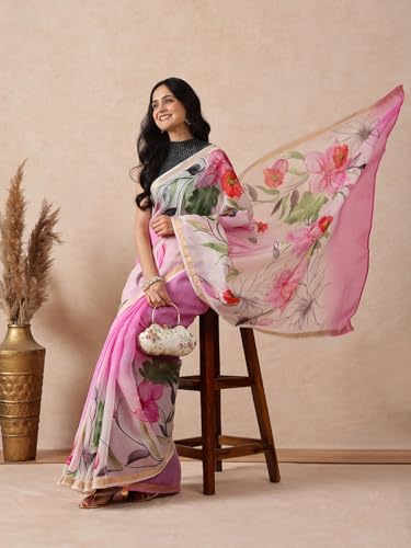 navyasa pink liva kota doria floral print saree
