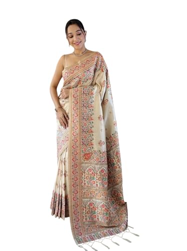 Veglari Women's Kanchipattu Phasmina Silk Hand Work Pure Jari Wewing Original Kanjivaram Jacqurad Rajwadi Print Kalmkari Sarees With Blouses Piecs And Zalar