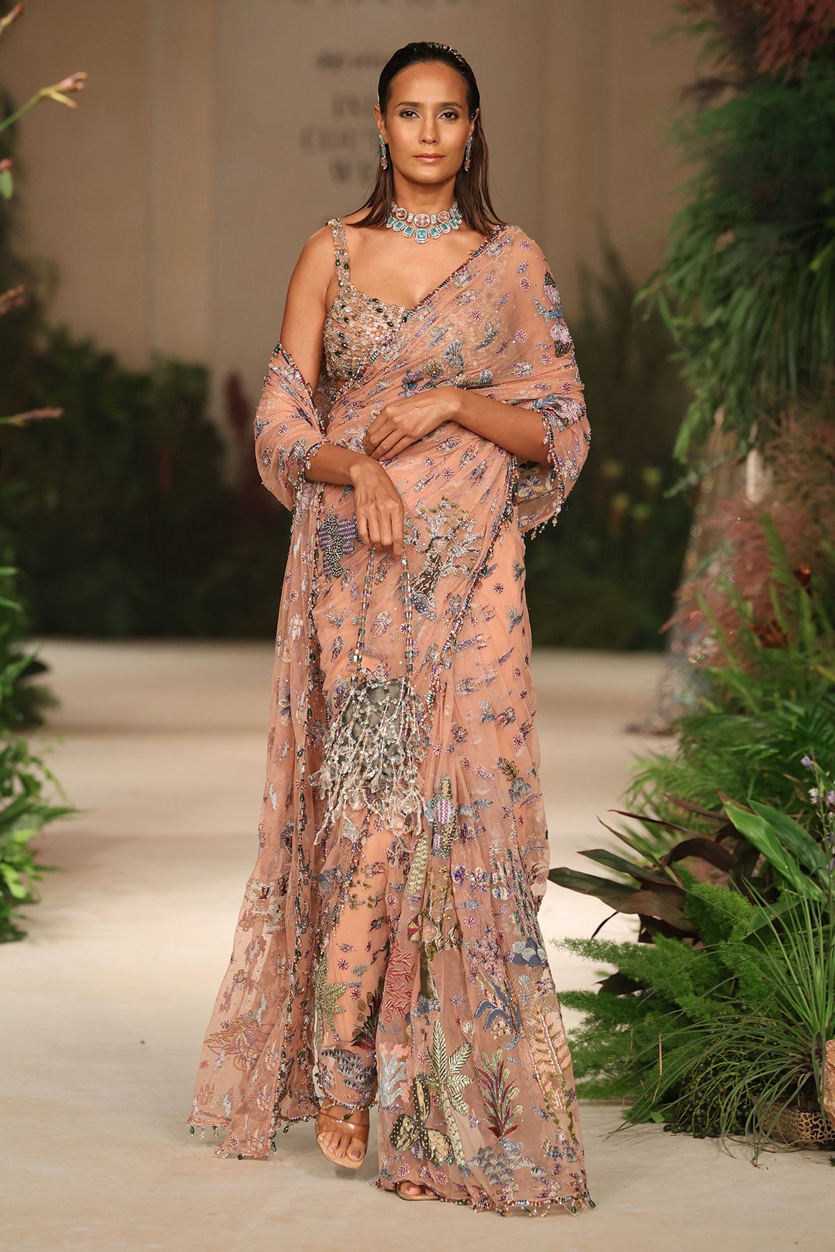 Pinktide - peach tulle & Banarasi tissue brocade saree
