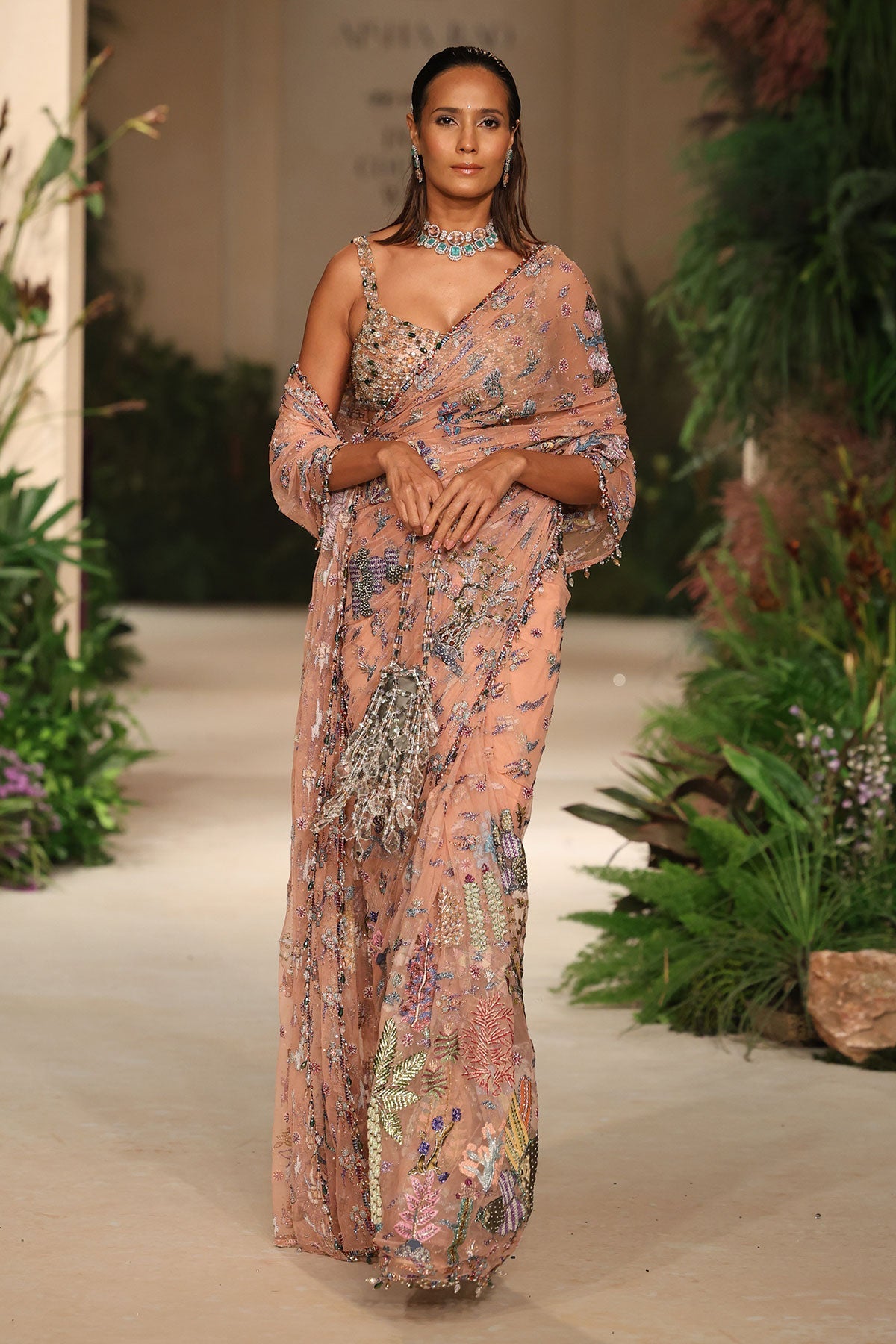 Pinktide - peach tulle & Banarasi tissue brocade saree