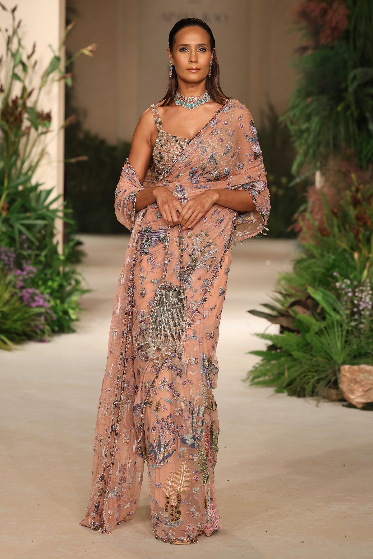 Pinktide - peach tulle & Banarasi tissue brocade saree
