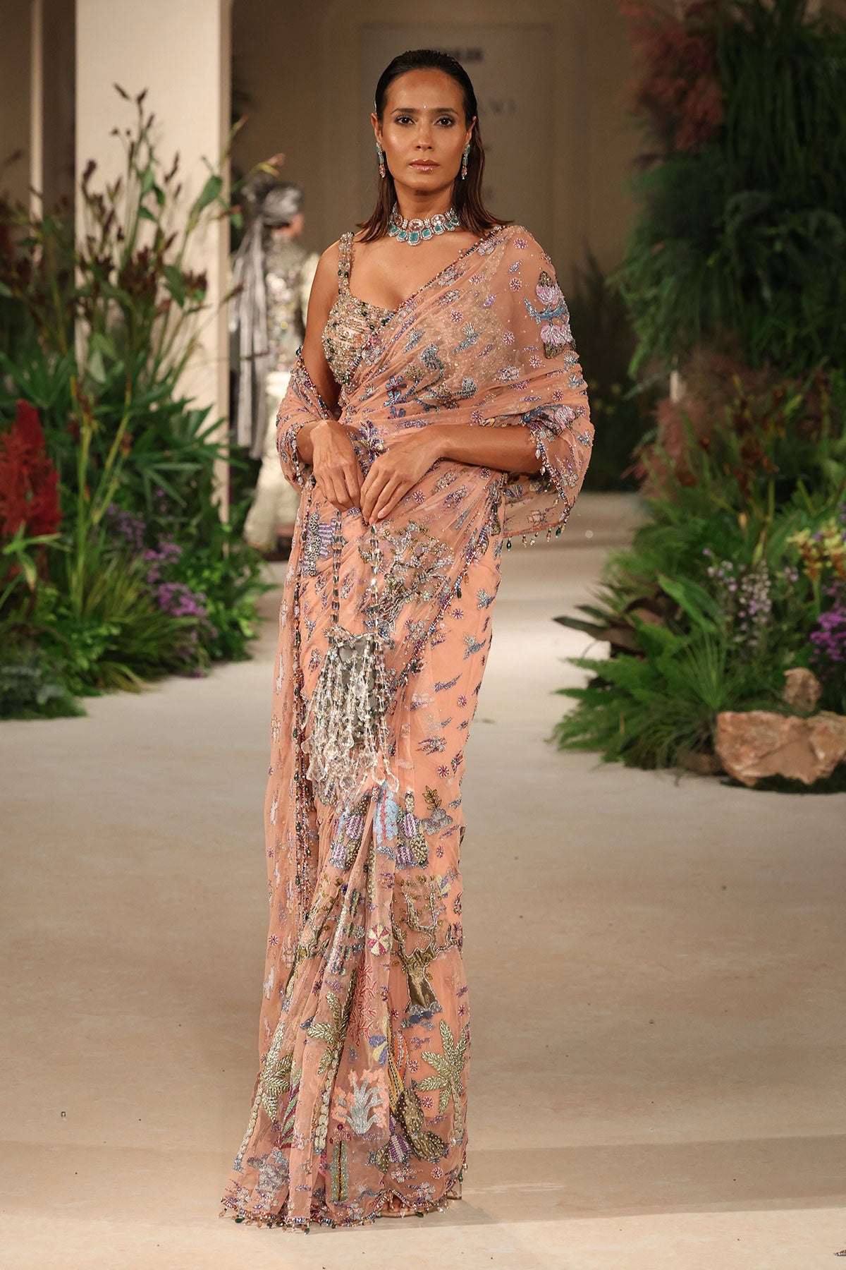 Pinktide - peach tulle & Banarasi tissue brocade saree