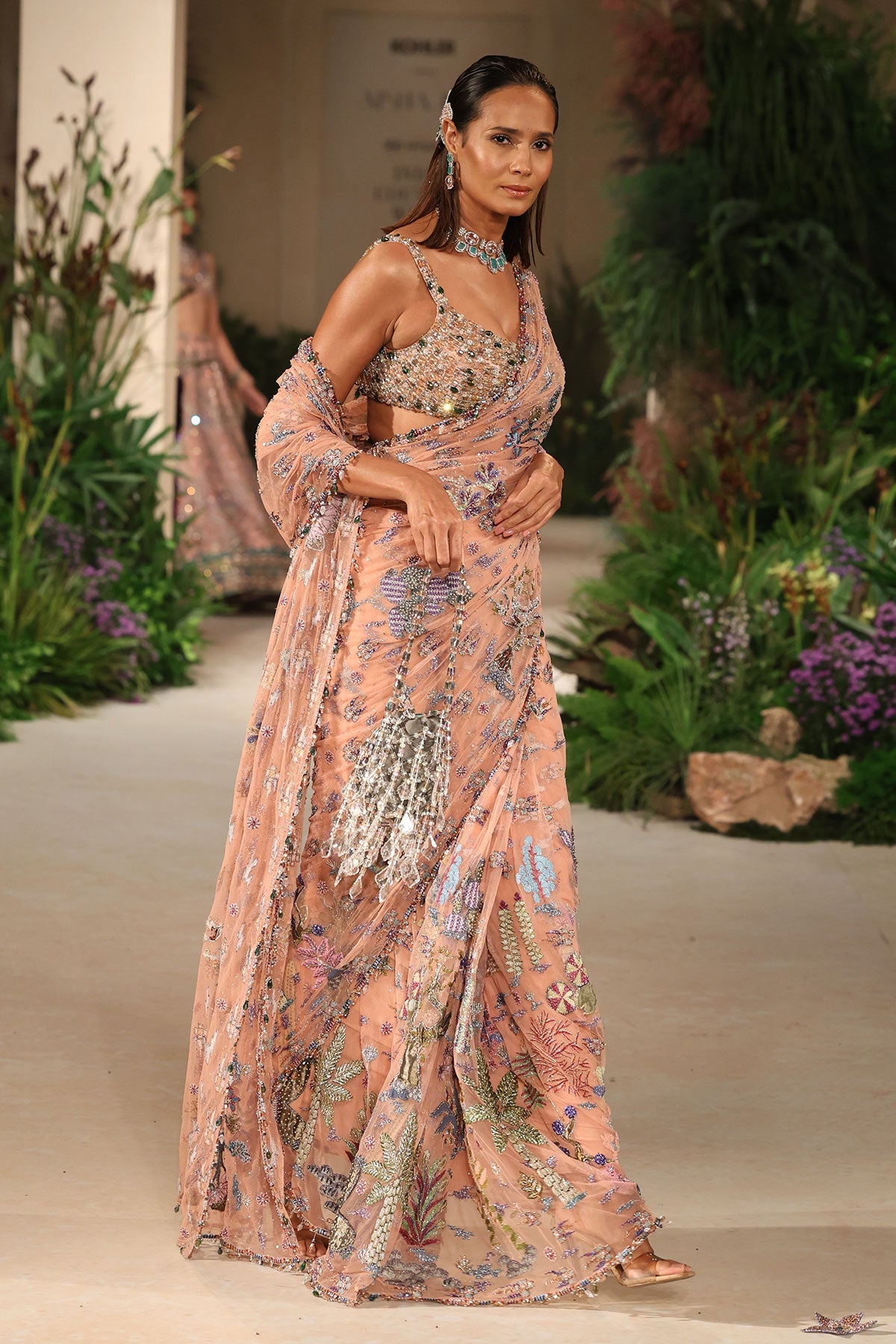 Pinktide - peach tulle & Banarasi tissue brocade saree
