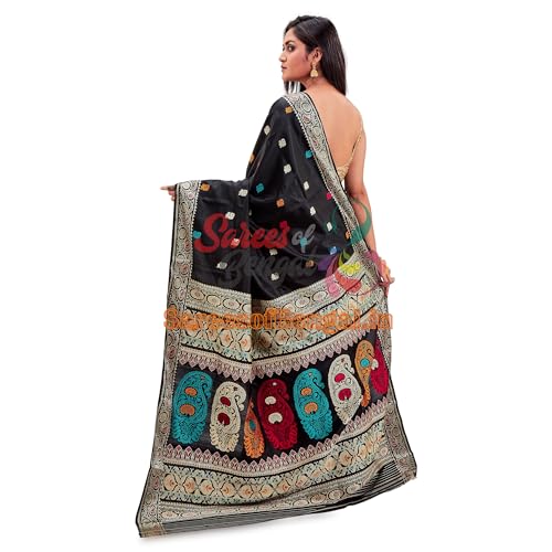 PRANTIKA Women's Bishnupuri Katan Silk Meenakari Revival Original Baluchari Swarnachari Bengal Saree Black