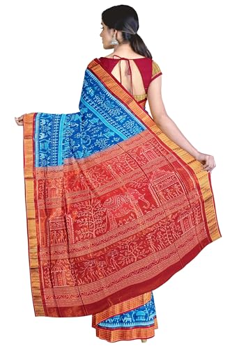 OdiKala Sambalpuri Half Tissue Silk Saree with Blouse Piece, Sky Blue Base, Red Border, Traditional Village Life Design