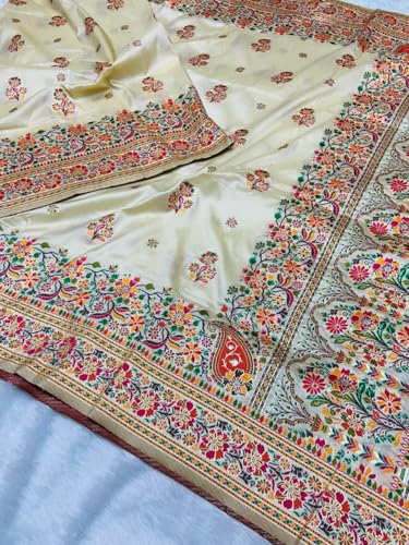 Veglari Women's Kanchipattu Phasmina Silk Hand Work Pure Jari Wewing Original Kanjivaram Jacqurad Rajwadi Print Kalmkari Sarees With Blouses Piecs And Zalar