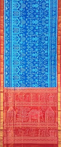 OdiKala Sambalpuri Half Tissue Silk Saree with Blouse Piece, Sky Blue Base, Red Border, Traditional Village Life Design