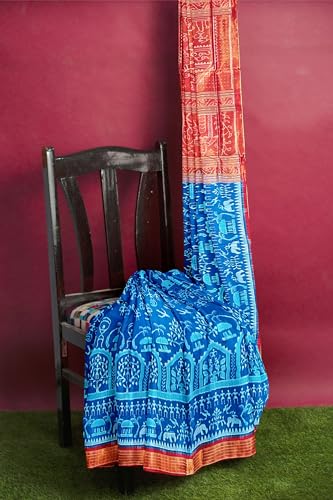 OdiKala Sambalpuri Half Tissue Silk Saree with Blouse Piece, Sky Blue Base, Red Border, Traditional Village Life Design