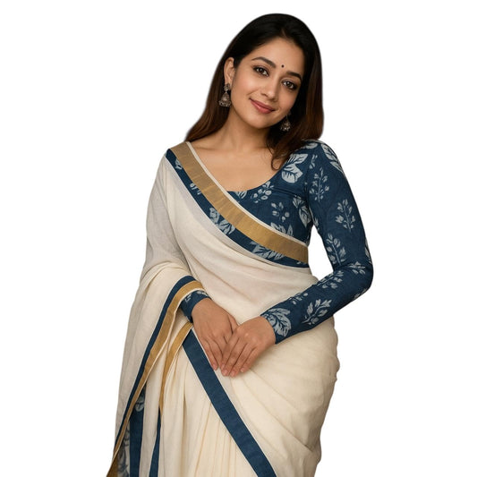 Levitate Saurika Women's Onam Special Saree | Blue Printed Kerala Kasavu Saree with Running Blouse | Pure Cotton | Saree Length: 6.25 Meters | Unstitched Blouse Included