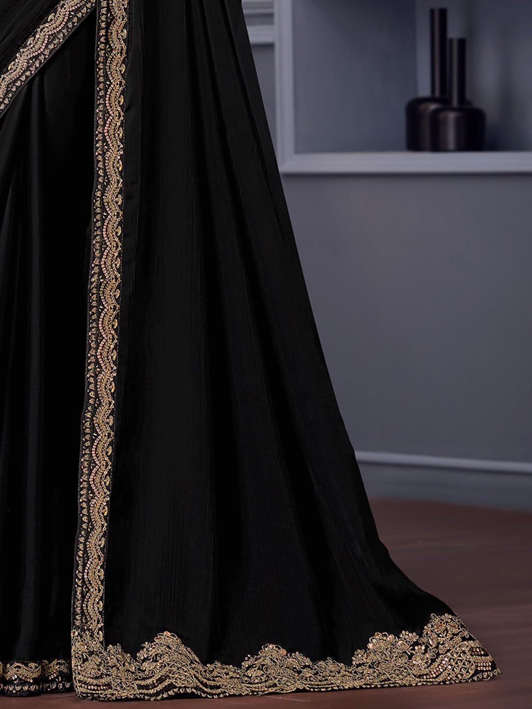 AKHILAM Women's Black Satin Silk Embroidered Saree With Unstitched Blouse (SILVER30015_TFH)