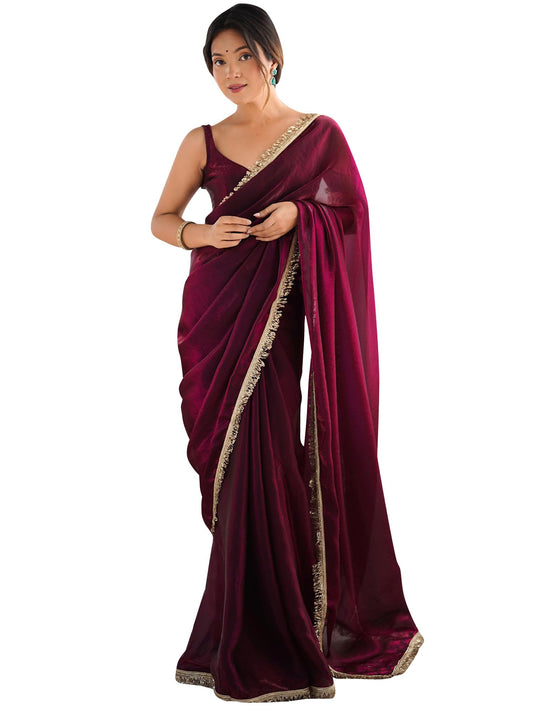 AKHILAM Women's Magenta Satin Solid Saree With Unstitched Blouse Piece (AARYAN14906_KR)
