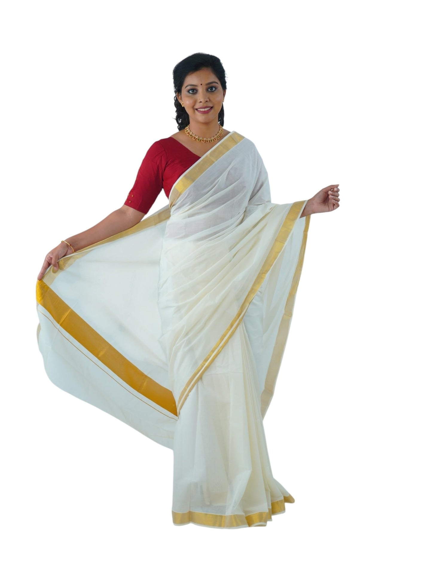 ALLUVY Womens Kuthampully Kerala Kasavu Cotton Saree | Traditional South Indian Kerala Onam Saree - Ekm-515, White Golden