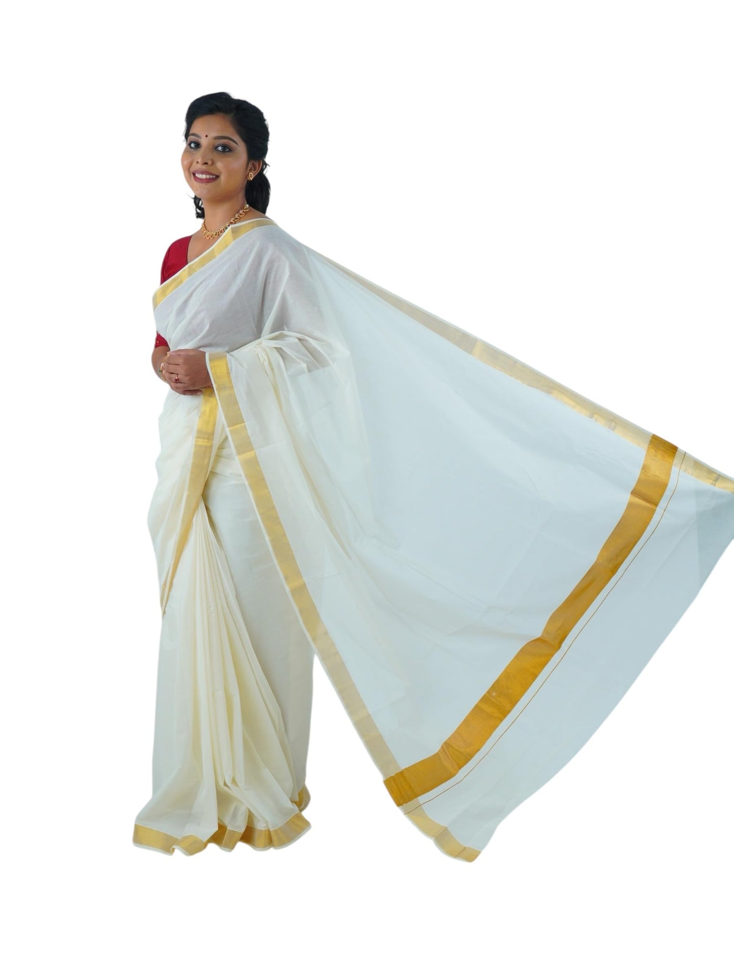 ALLUVY Womens Kuthampully Kerala Kasavu Cotton Saree | Traditional South Indian Kerala Onam Saree - Ekm-515, White Golden