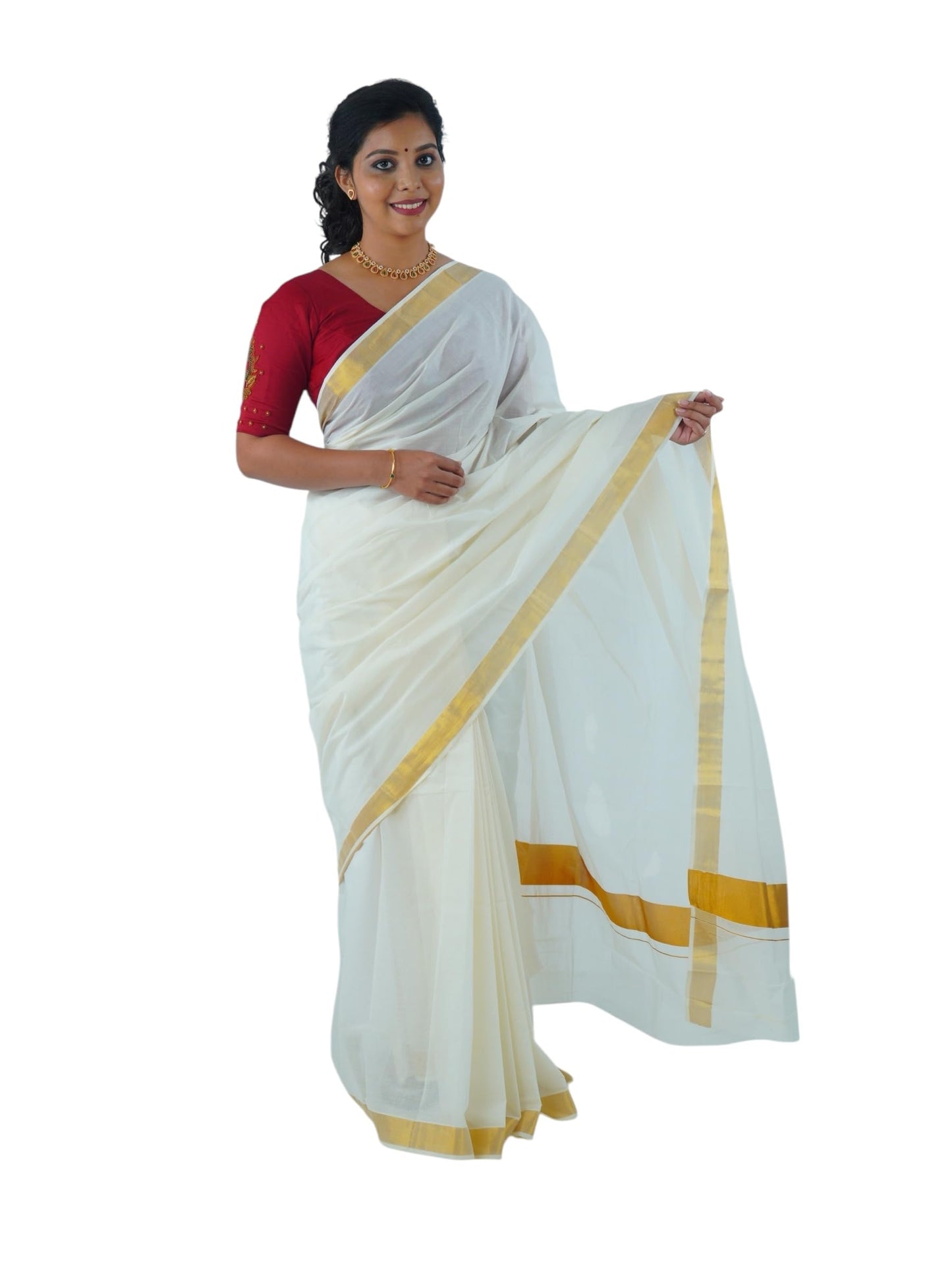 ALLUVY Womens Kuthampully Kerala Kasavu Cotton Saree | Traditional South Indian Kerala Onam Saree - Ekm-515, White Golden