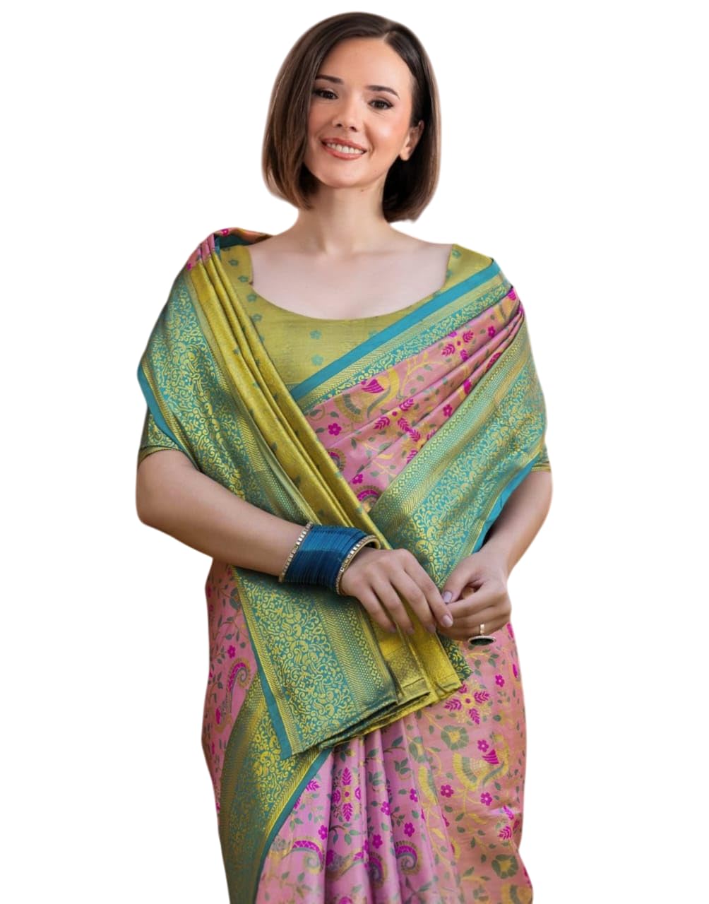 Veglari Women's Kanchipattu Hand Wowen Pure Jari Wewing Original Kanjivaram Jacqurad Rajwadi Himbavat Original Pink Colour Print Kalmkari Sarees With Blouses Piecs For Wedding