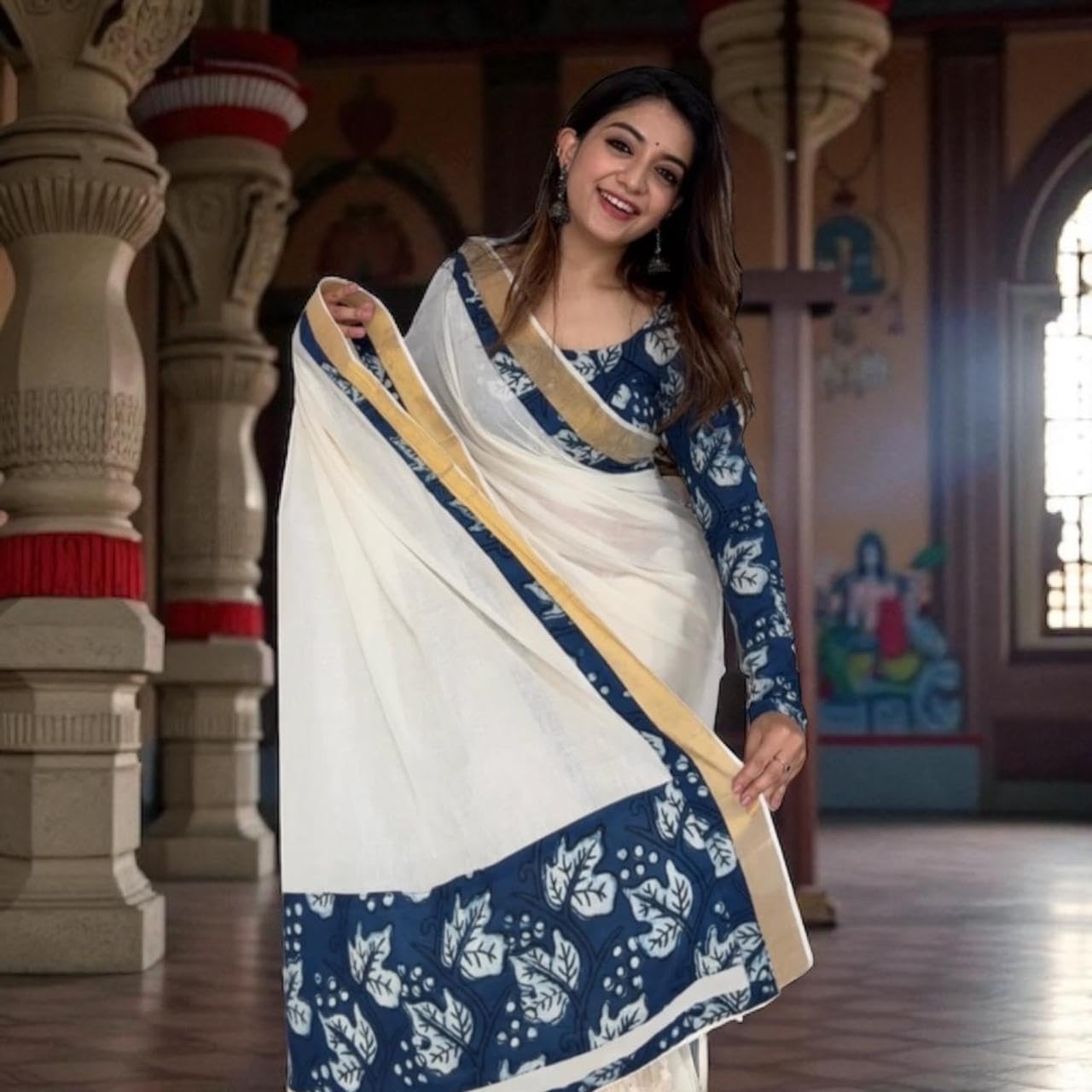 Levitate Saurika Women's Onam Special Saree | Blue Printed Kerala Kasavu Saree with Running Blouse | Pure Cotton | Saree Length: 6.25 Meters | Unstitched Blouse Included