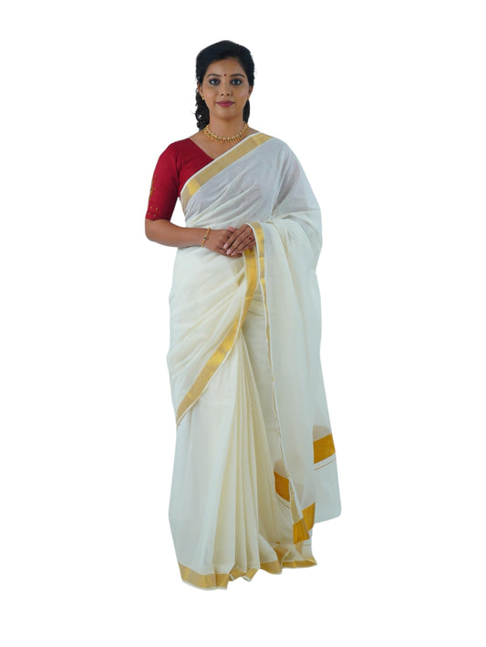 ALLUVY Womens Kuthampully Kerala Kasavu Cotton Saree | Traditional South Indian Kerala Onam Saree - Ekm-515, White Golden