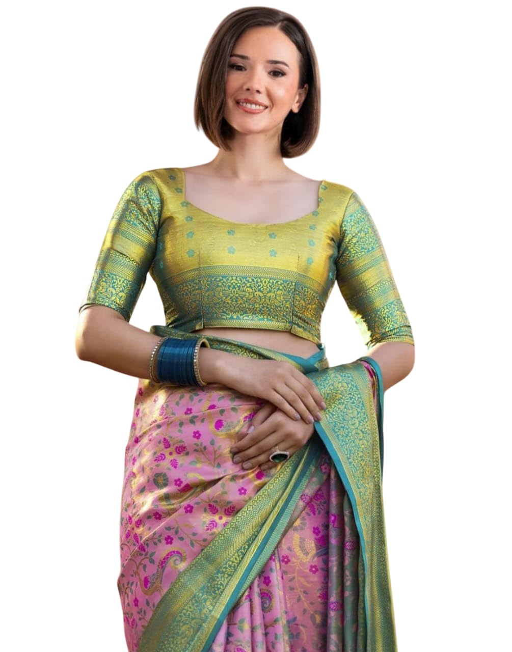 Veglari Women's Kanchipattu Hand Wowen Pure Jari Wewing Original Kanjivaram Jacqurad Rajwadi Himbavat Original Pink Colour Print Kalmkari Sarees With Blouses Piecs For Wedding