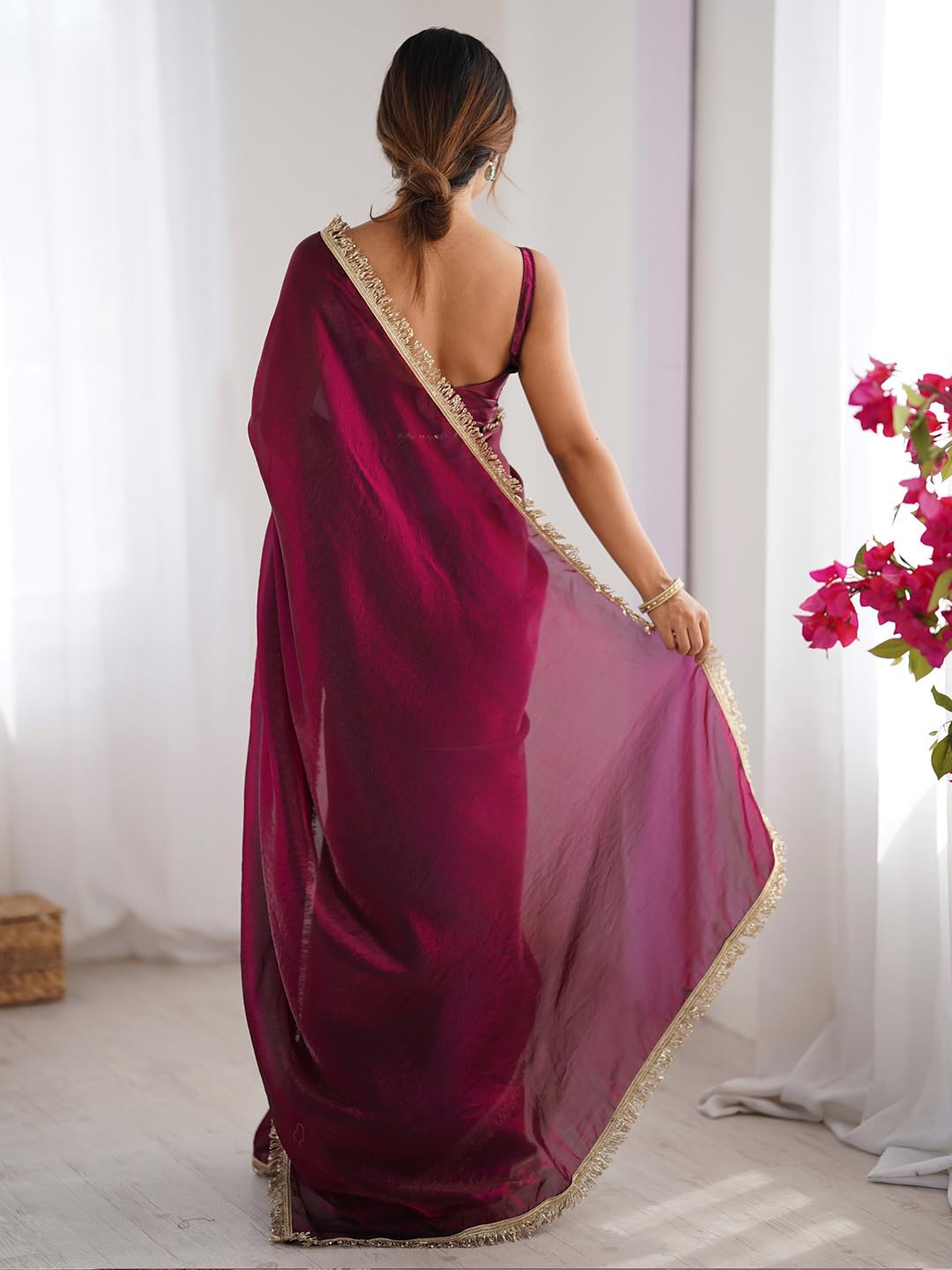 AKHILAM Women's Magenta Satin Solid Saree With Unstitched Blouse Piece (AARYAN14906_KR)