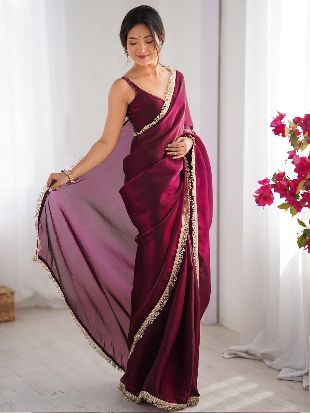 AKHILAM Women's Magenta Satin Solid Saree With Unstitched Blouse Piece (AARYAN14906_KR)