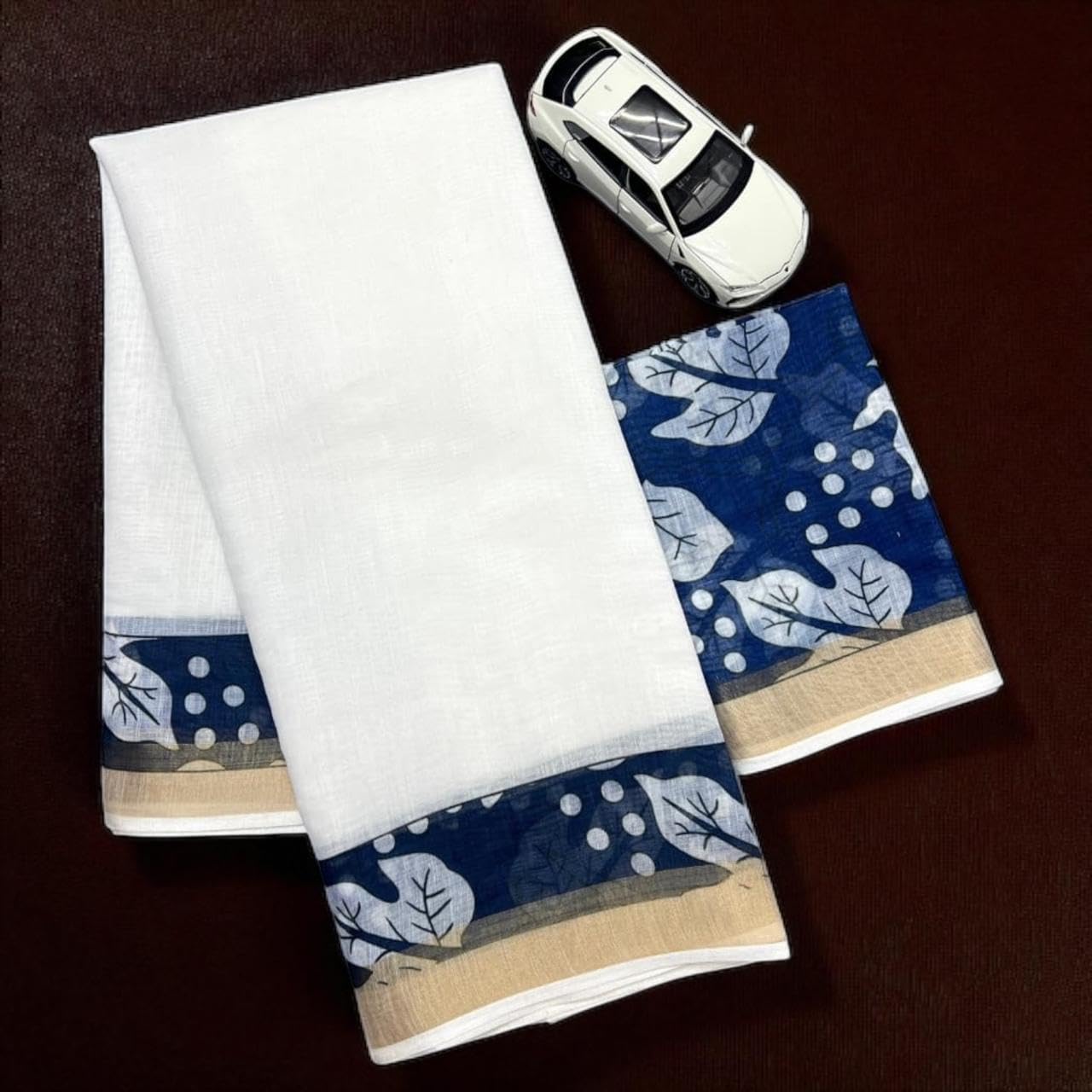 Levitate Saurika Women's Onam Special Saree | Blue Printed Kerala Kasavu Saree with Running Blouse | Pure Cotton | Saree Length: 6.25 Meters | Unstitched Blouse Included
