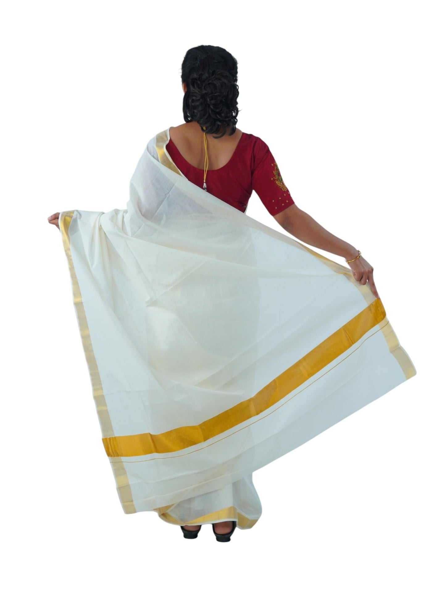 ALLUVY Womens Kuthampully Kerala Kasavu Cotton Saree | Traditional South Indian Kerala Onam Saree - Ekm-515, White Golden