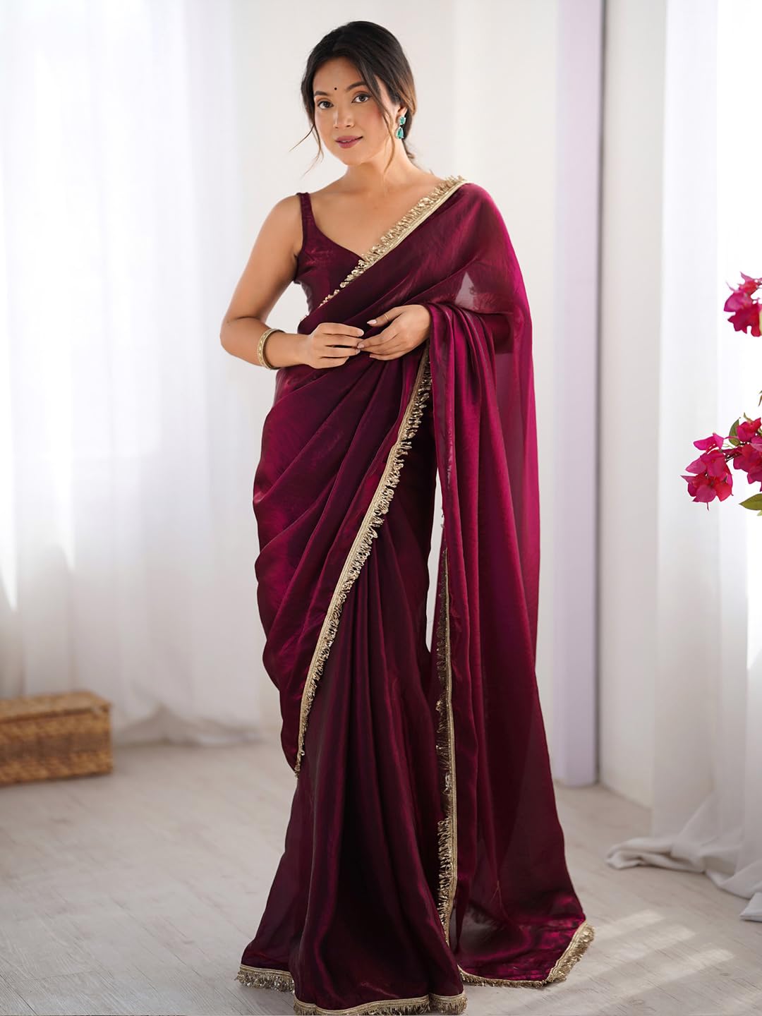 AKHILAM Women's Magenta Satin Solid Saree With Unstitched Blouse Piece (AARYAN14906_KR)