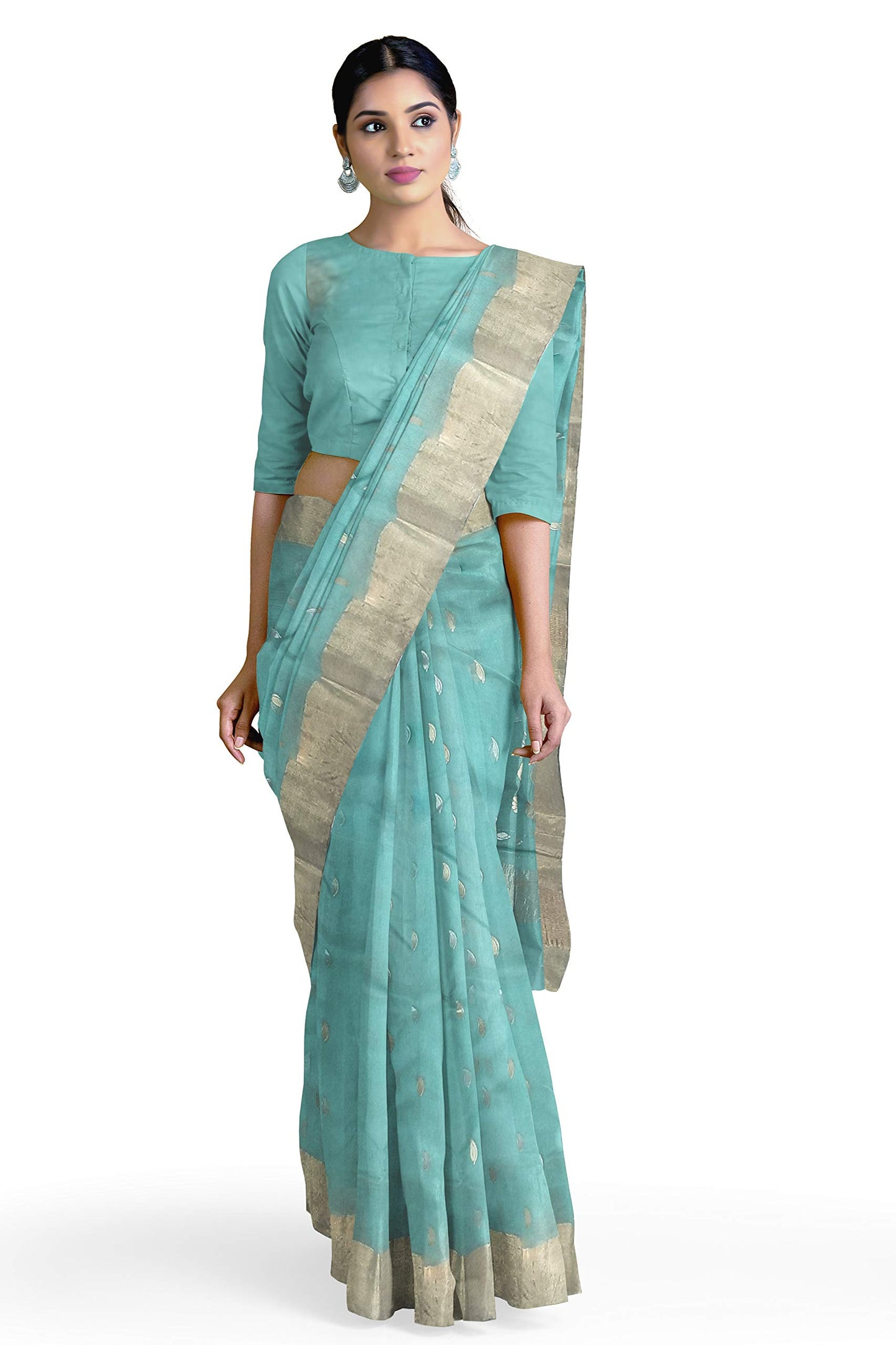 HerClozet Chanderi Handwoven katan Silk Saree zari Border-6.3 mtr(Sea Green)