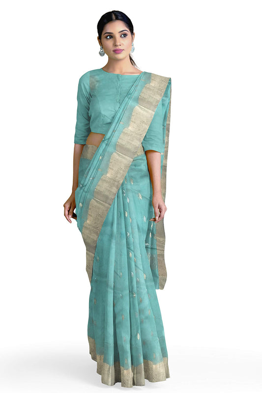 HerClozet Chanderi Handwoven katan Silk Saree zari Border-6.3 mtr(Sea Green)
