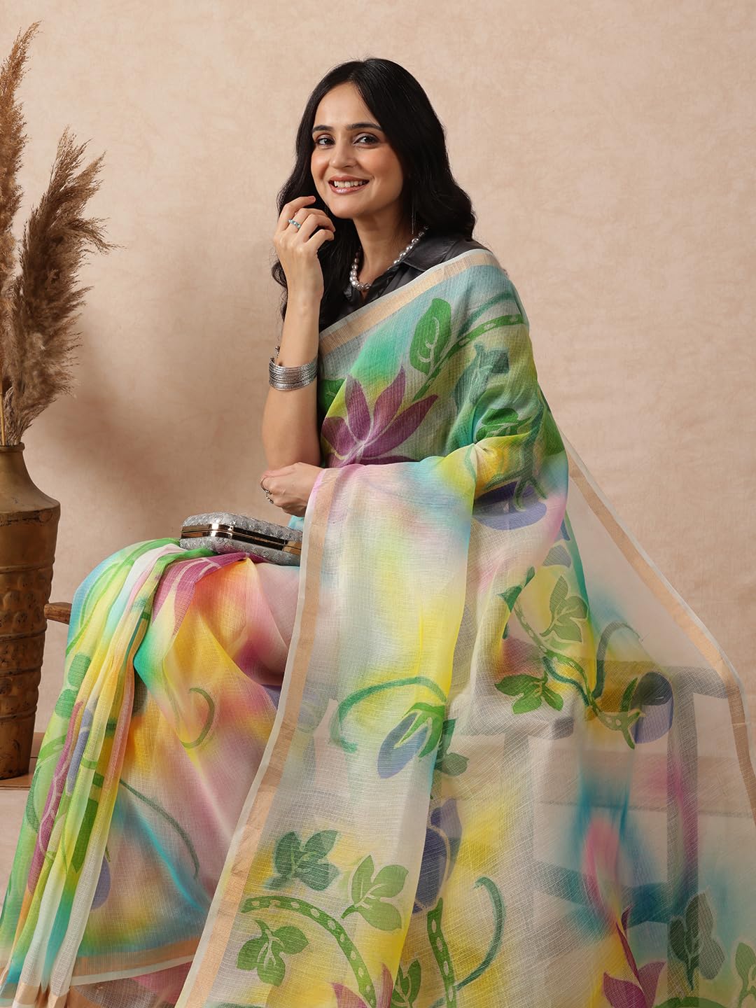navyasa multicolor liva kota doria floral print saree