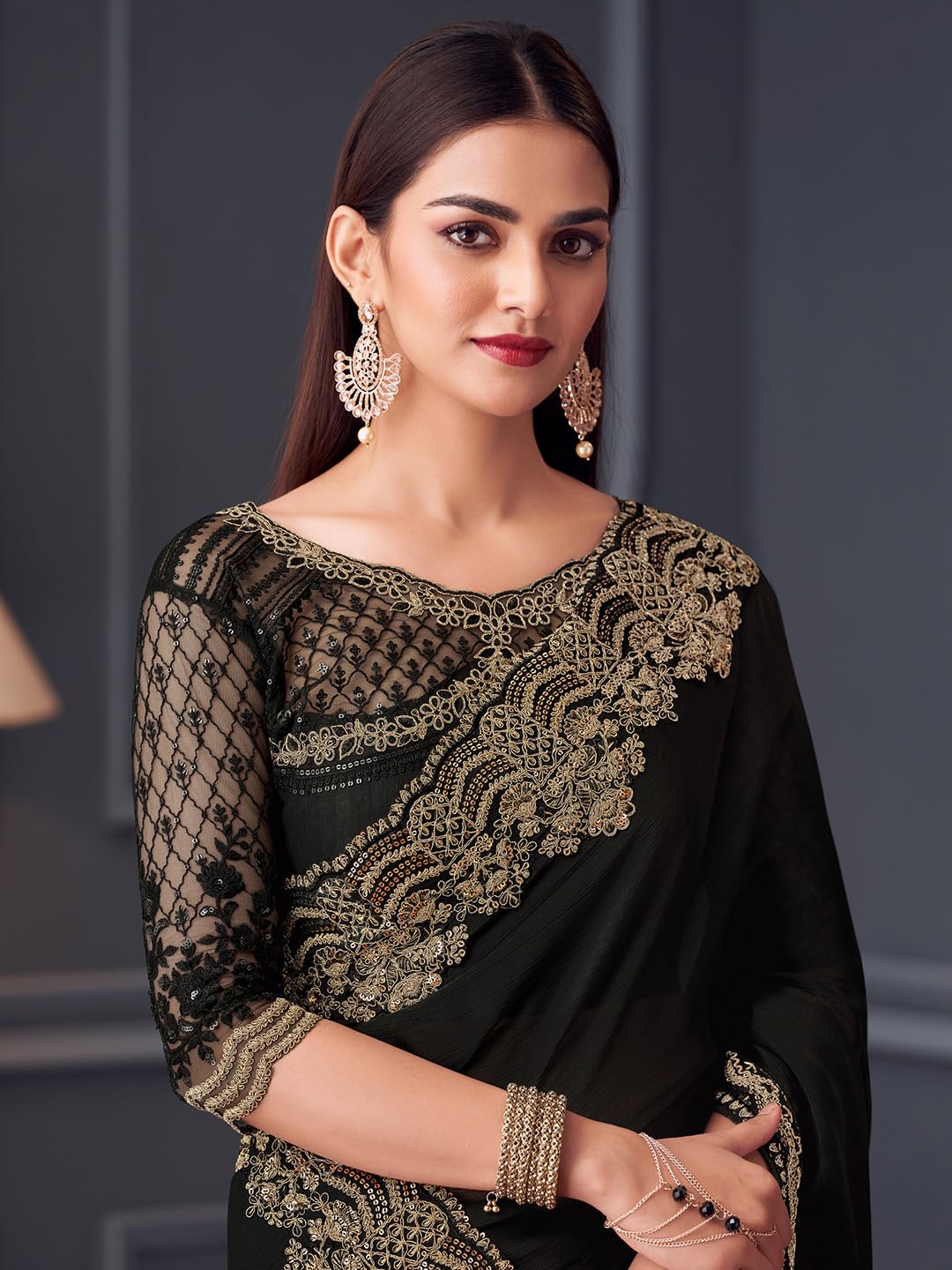 AKHILAM Women's Black Satin Silk Embroidered Saree With Unstitched Blouse (SILVER30015_TFH)