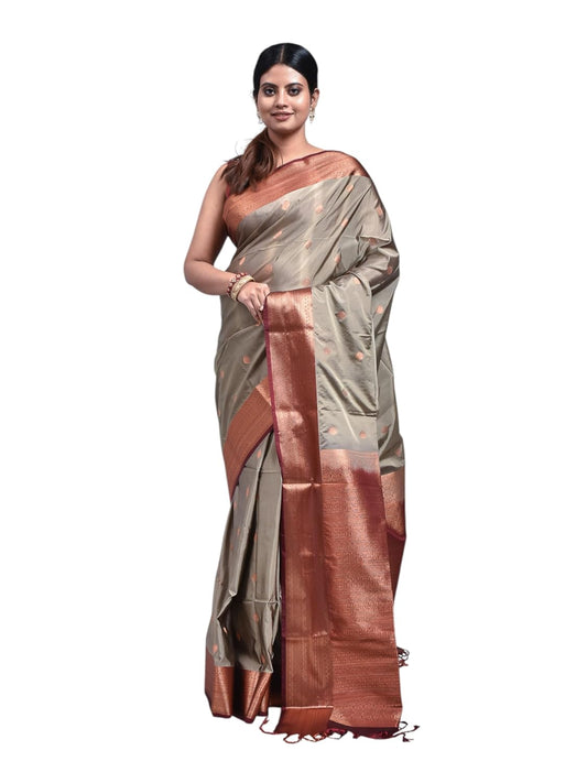 Stotra Grey Floral Butta Design Pure Kanjeevaram Silk Saree with Maroon Border