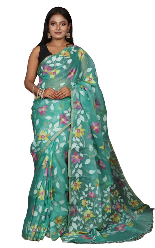 Bengal looms India Handwoven Jangla Jaal Work Muslin Silk Dhakai Jamdani Saree in Sea Green, Off White and Multicolored Thread Work