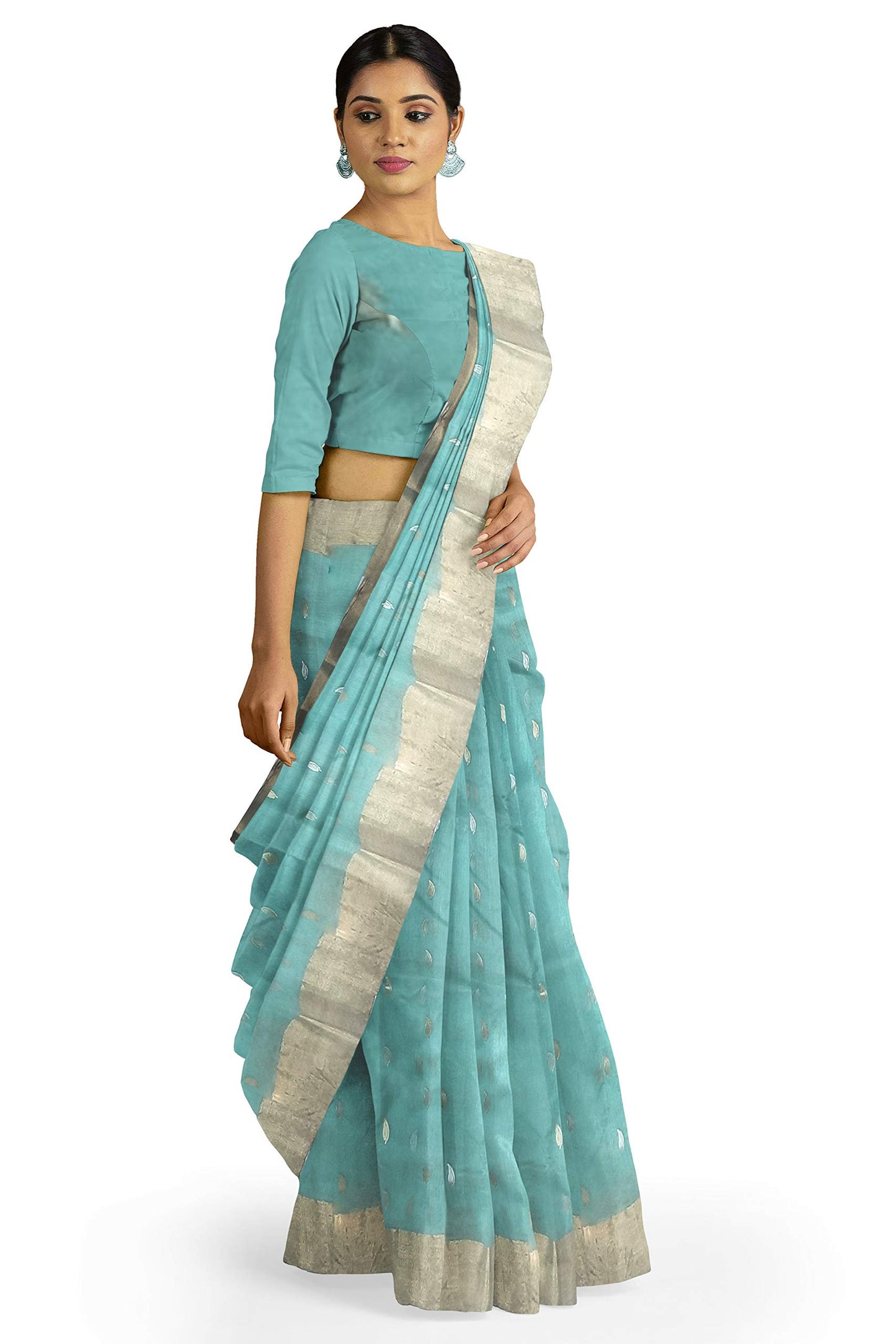 HerClozet Chanderi Handwoven katan Silk Saree zari Border-6.3 mtr(Sea Green)