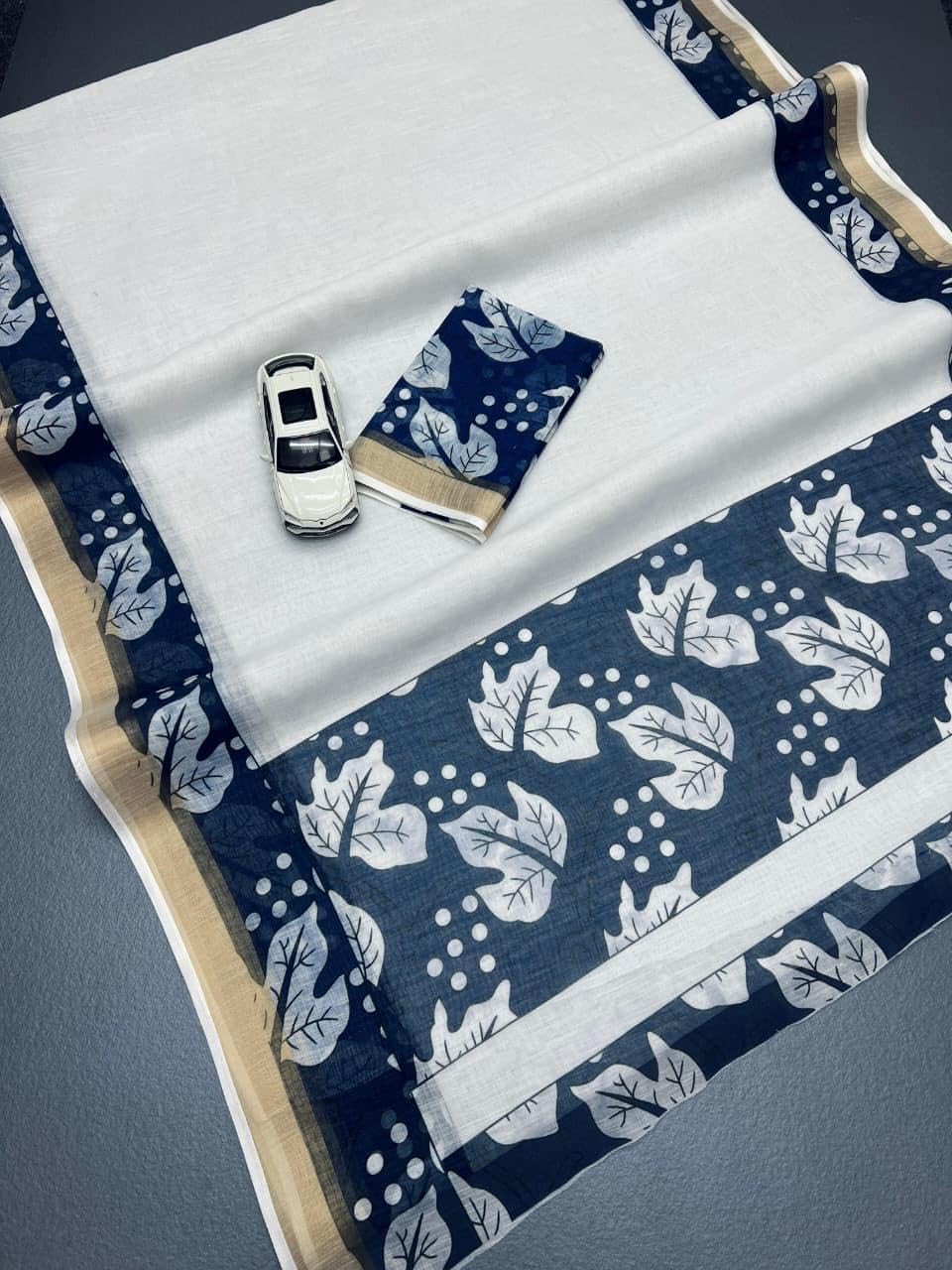 Levitate Saurika Women's Onam Special Saree | Blue Printed Kerala Kasavu Saree with Running Blouse | Pure Cotton | Saree Length: 6.25 Meters | Unstitched Blouse Included