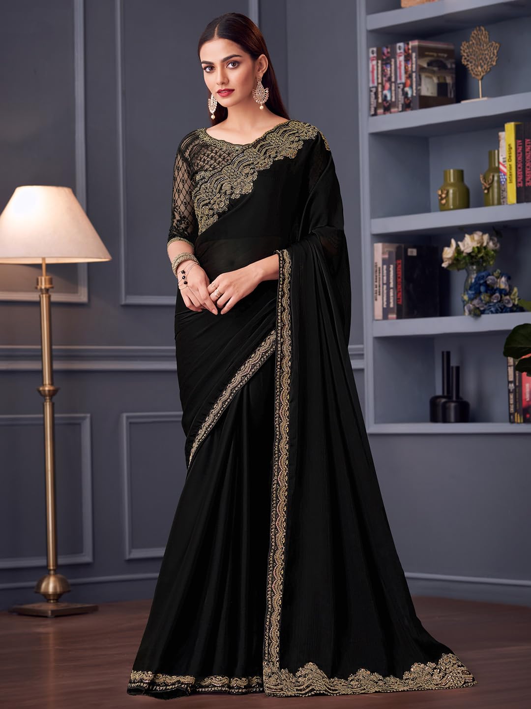 AKHILAM Women's Black Satin Silk Embroidered Saree With Unstitched Blouse (SILVER30015_TFH)