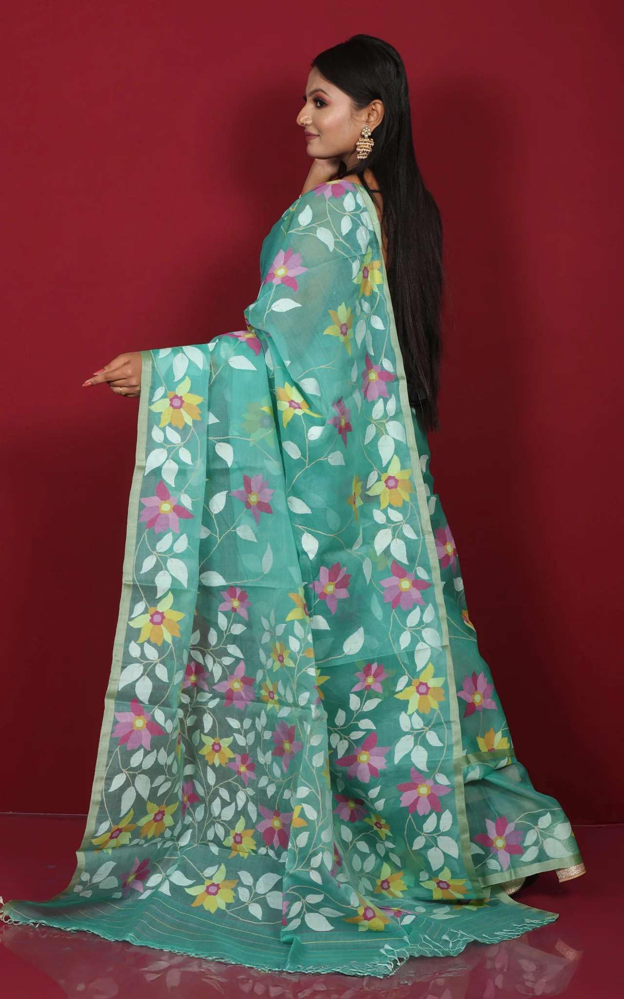 Bengal looms India Handwoven Jangla Jaal Work Muslin Silk Dhakai Jamdani Saree in Sea Green, Off White and Multicolored Thread Work