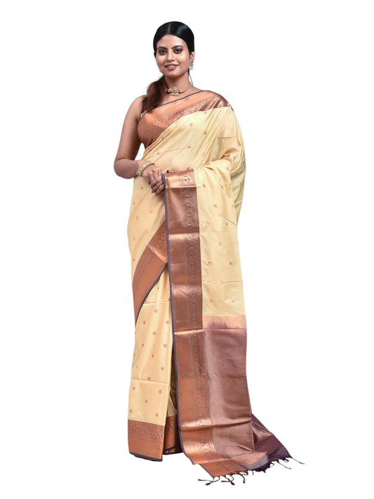 Stotra Beige Butta Design Pure Kanjeevaram Silk Saree with Purple Border