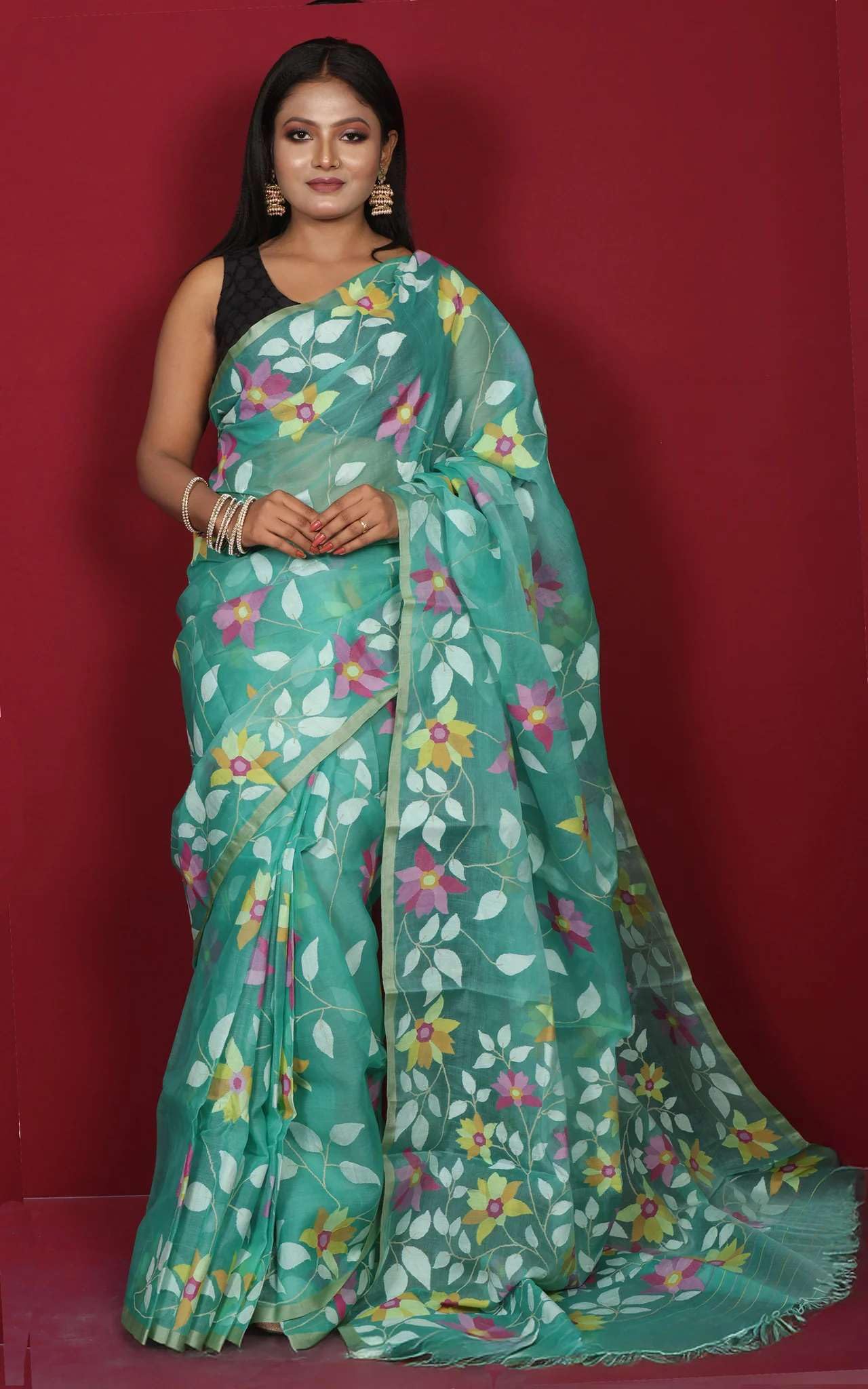 Bengal looms India Handwoven Jangla Jaal Work Muslin Silk Dhakai Jamdani Saree in Sea Green, Off White and Multicolored Thread Work
