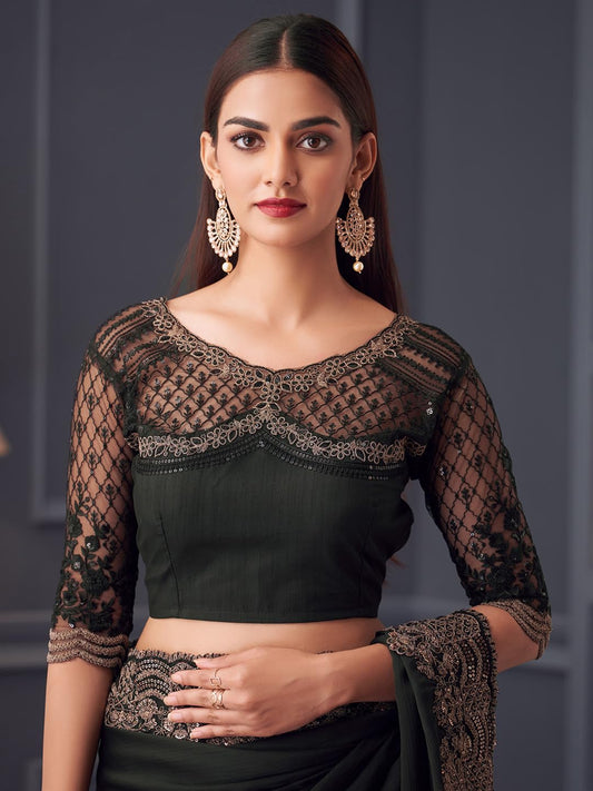 AKHILAM Women's Black Satin Silk Embroidered Saree With Unstitched Blouse (SILVER30015_TFH)