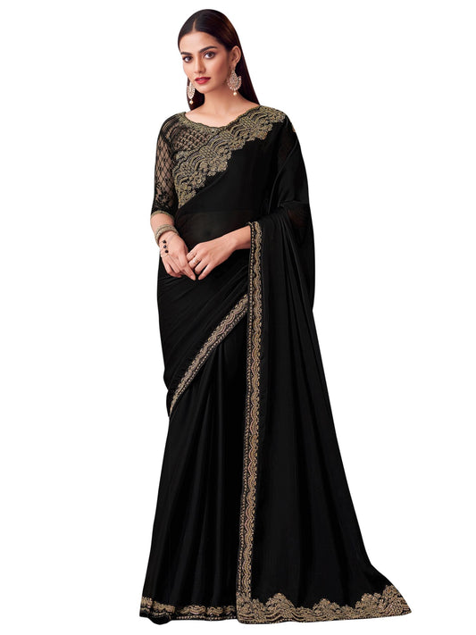 AKHILAM Women's Black Satin Silk Embroidered Saree With Unstitched Blouse (SILVER30015_TFH)
