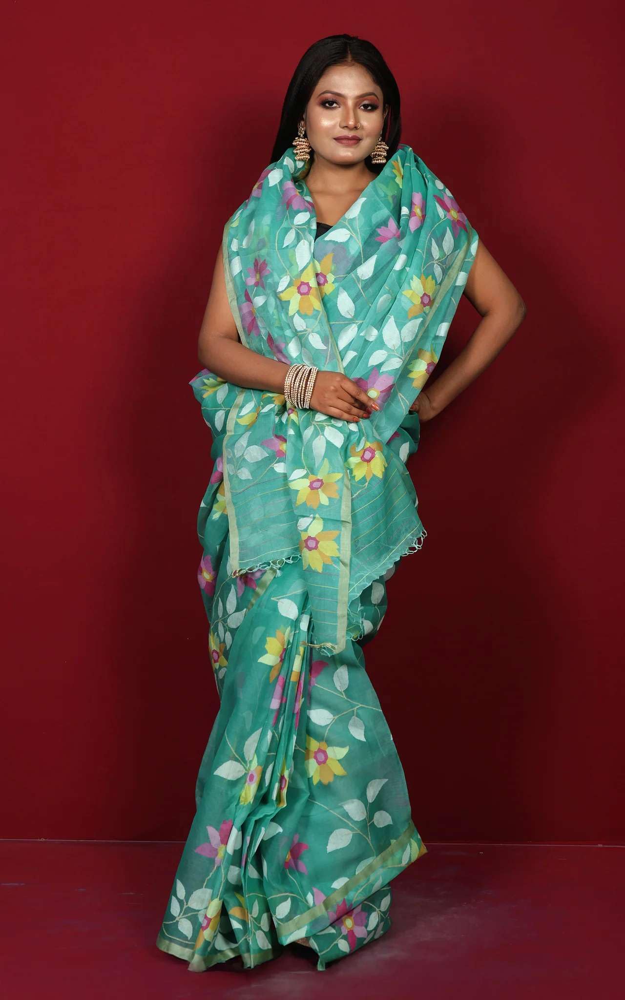 Bengal looms India Handwoven Jangla Jaal Work Muslin Silk Dhakai Jamdani Saree in Sea Green, Off White and Multicolored Thread Work