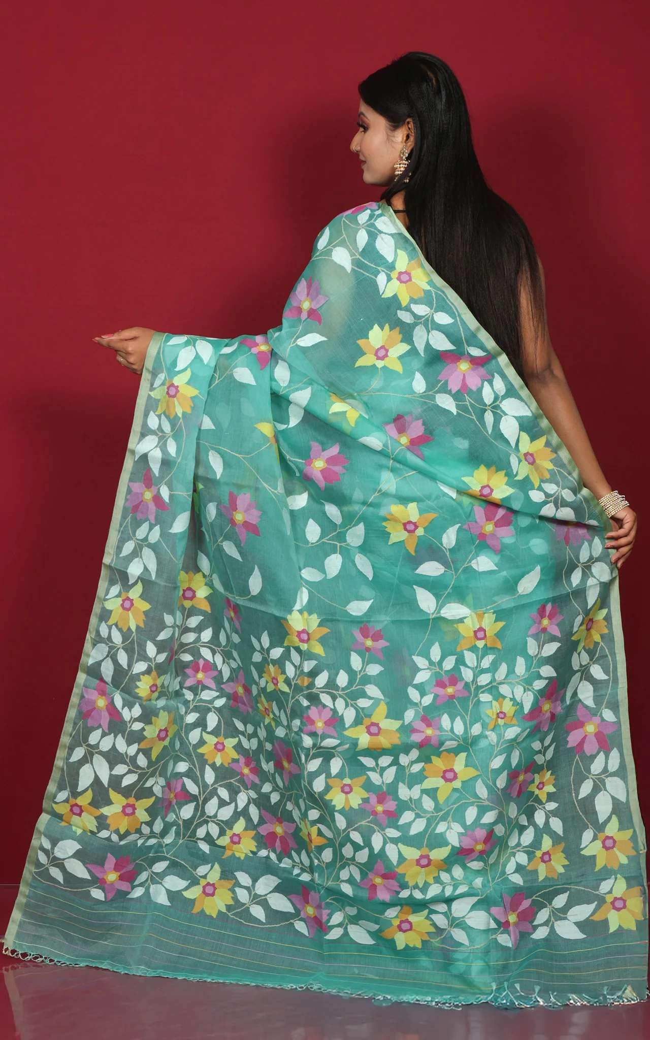 Bengal looms India Handwoven Jangla Jaal Work Muslin Silk Dhakai Jamdani Saree in Sea Green, Off White and Multicolored Thread Work