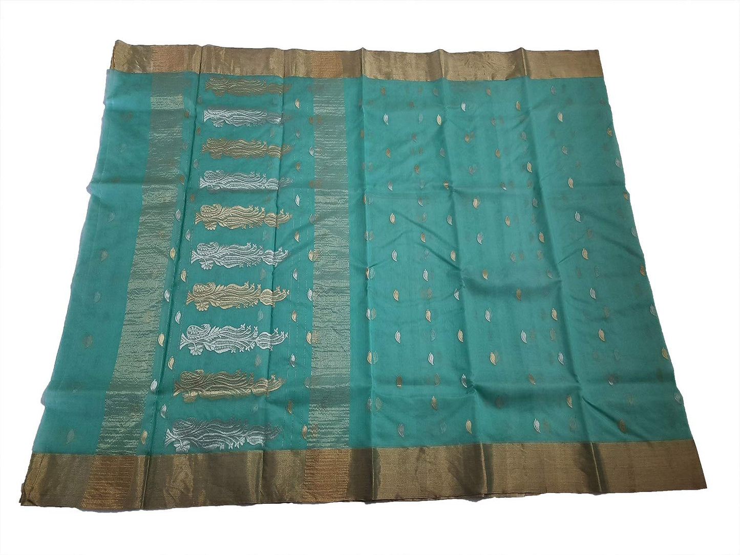 HerClozet Chanderi Handwoven katan Silk Saree zari Border-6.3 mtr(Sea Green)