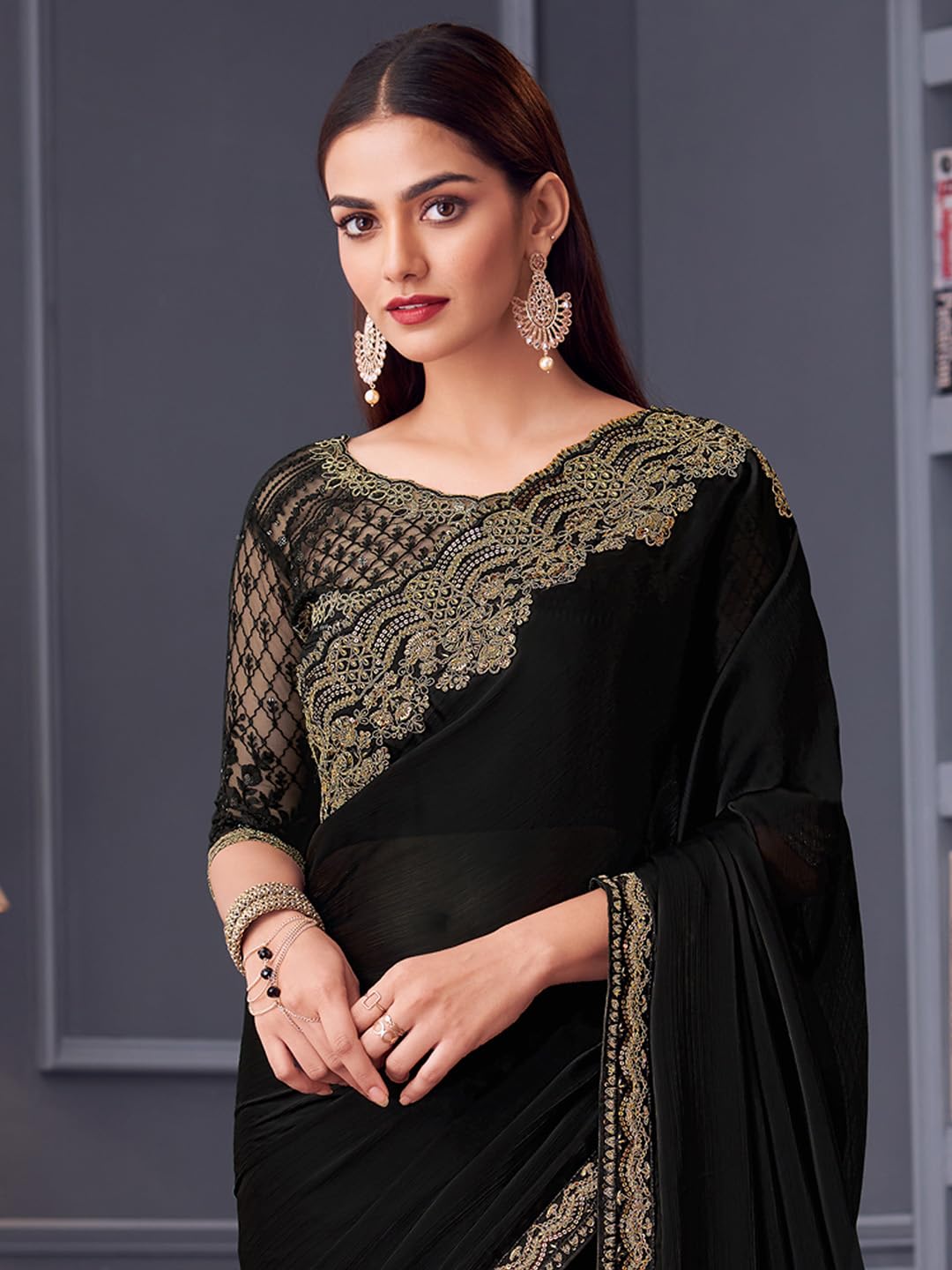 AKHILAM Women's Black Satin Silk Embroidered Saree With Unstitched Blouse (SILVER30015_TFH)