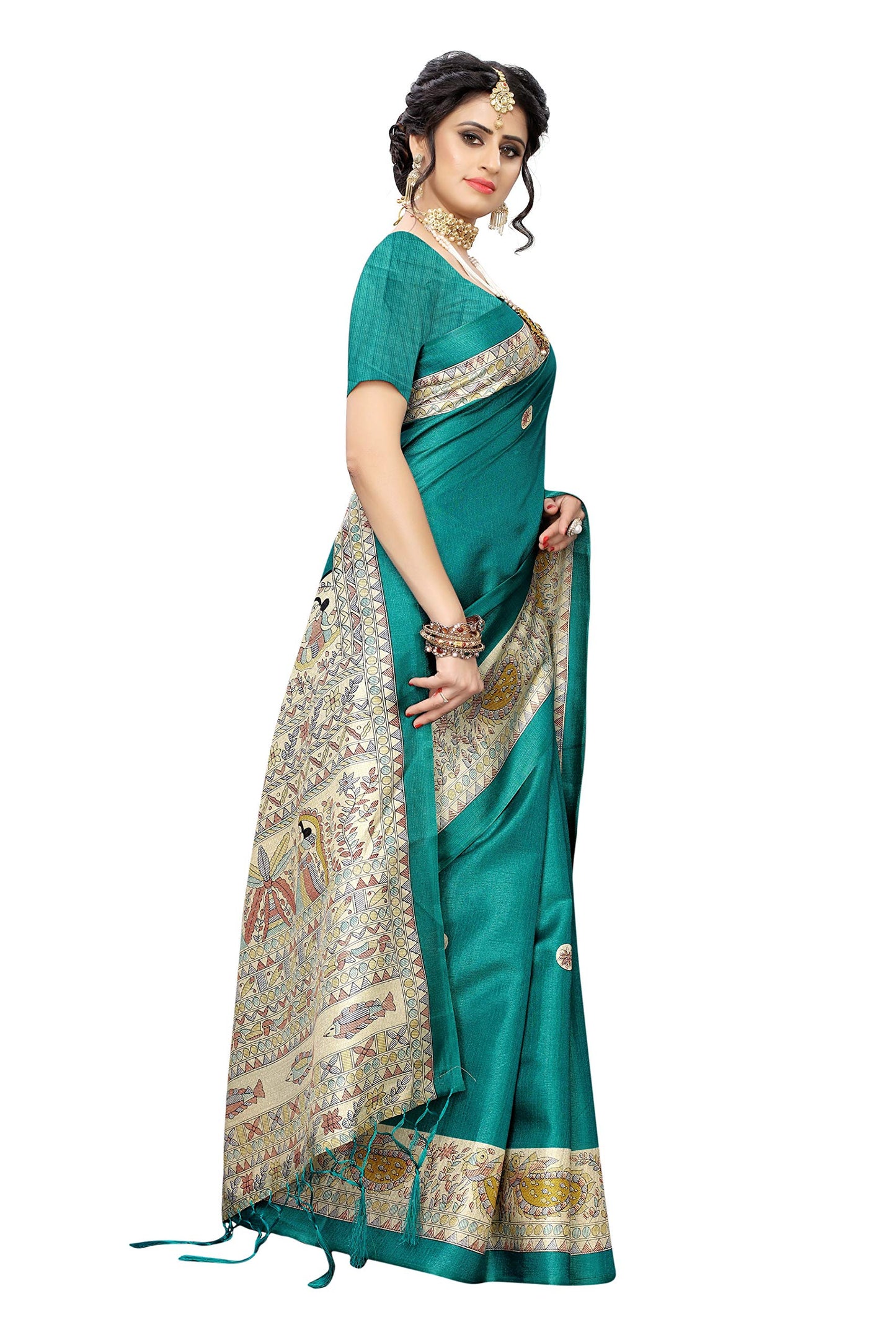 Orchid Brand Women's Cotton Patola Printed Saree with Unstitched Blouse Piece, GREEN