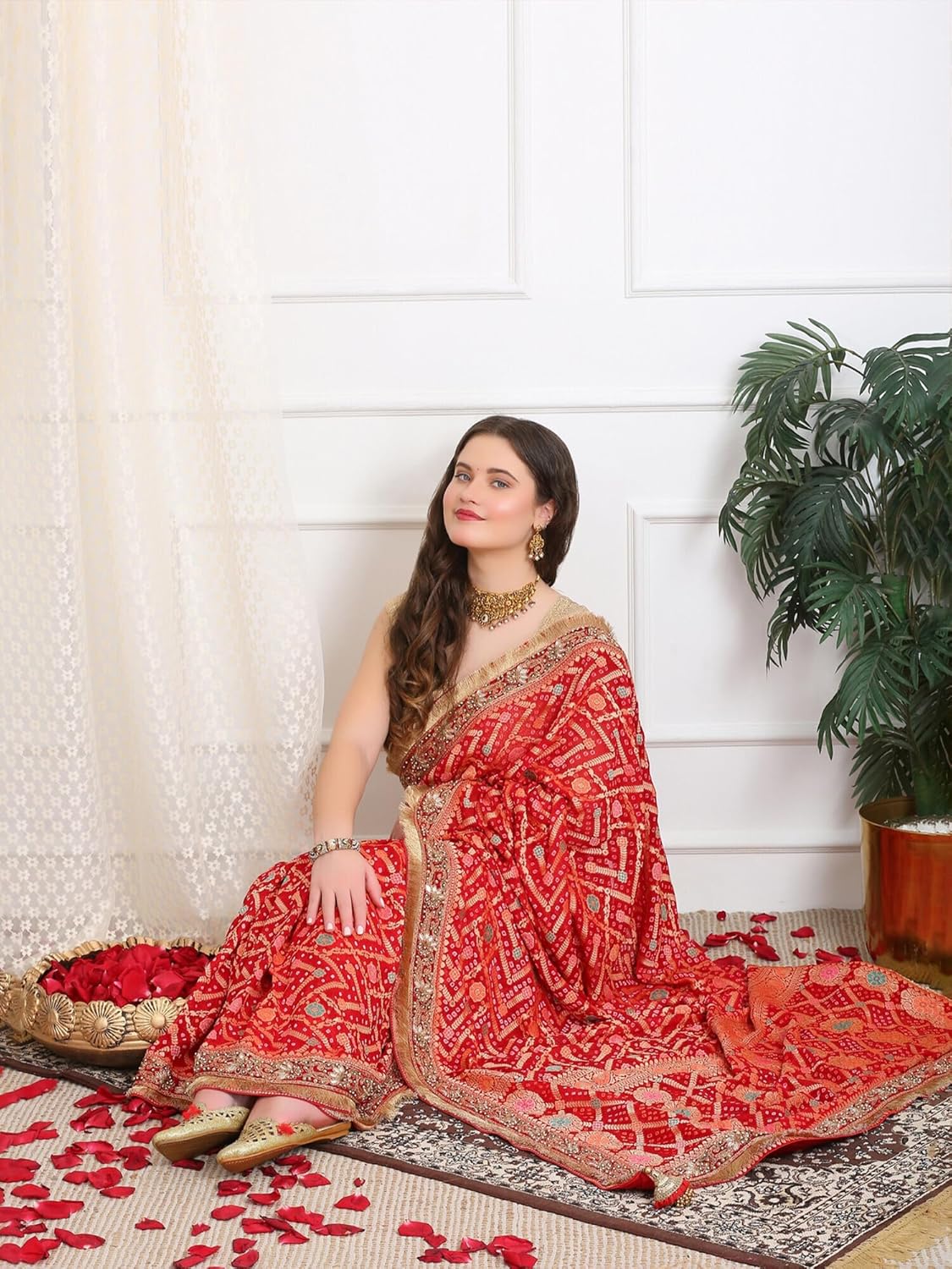 Dress & Dazzle Women’s Royal Red Khaddi Georgette Bandhej Saree with Banarasi Weave & Meena Stone Work Border for Wedding, Party & Cultural Celebrations